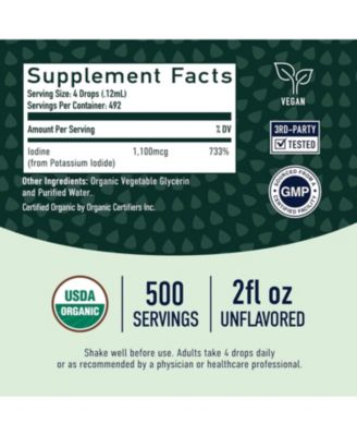 Organic Liquid Nascent Iodine Drops | Iodine Supplement for Thyroid, Energy & Metabolism Support | 2 Fl Oz | 500 Servings | USDA Certified Organic, Highly Absorbable | 1100 mcg Per Serving