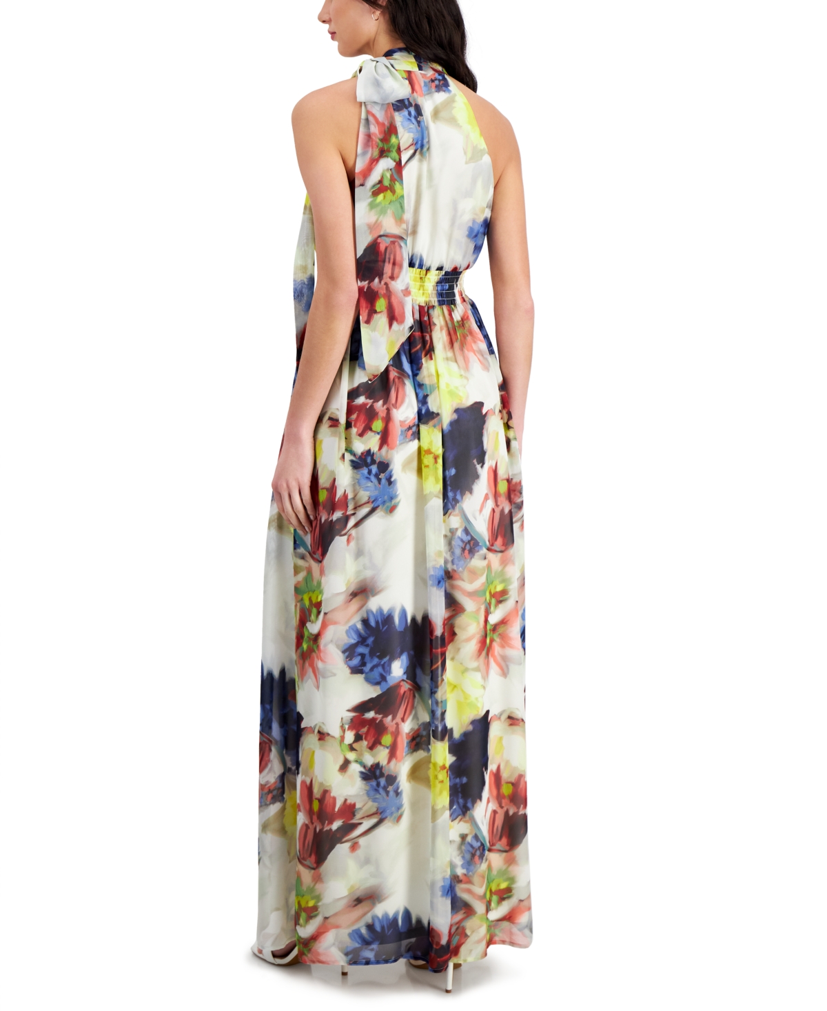 Shop Anne Klein Women's Printed Tie-neck Sleeveless Smocked-waist Maxi Dress In Light Crema Multi