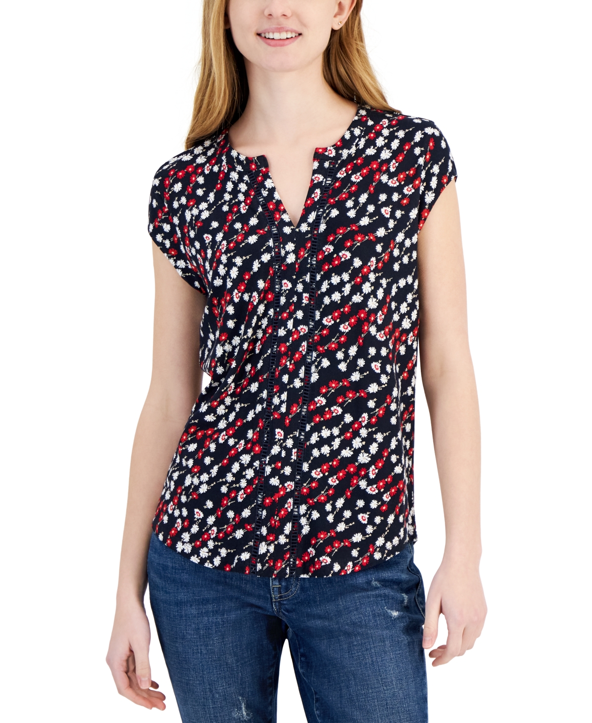 Women's Ditsy Floral Cap-Sleeve Top - Blue