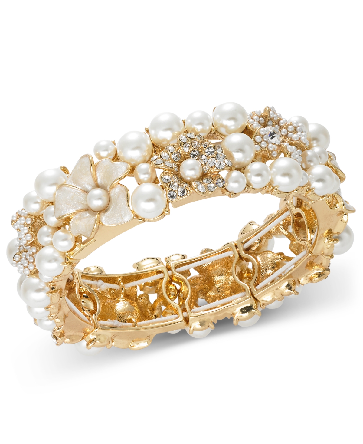 Gold-Tone Imitation Pearl & Crystal Flower Stretch Bracelet, Created for Macy's - White