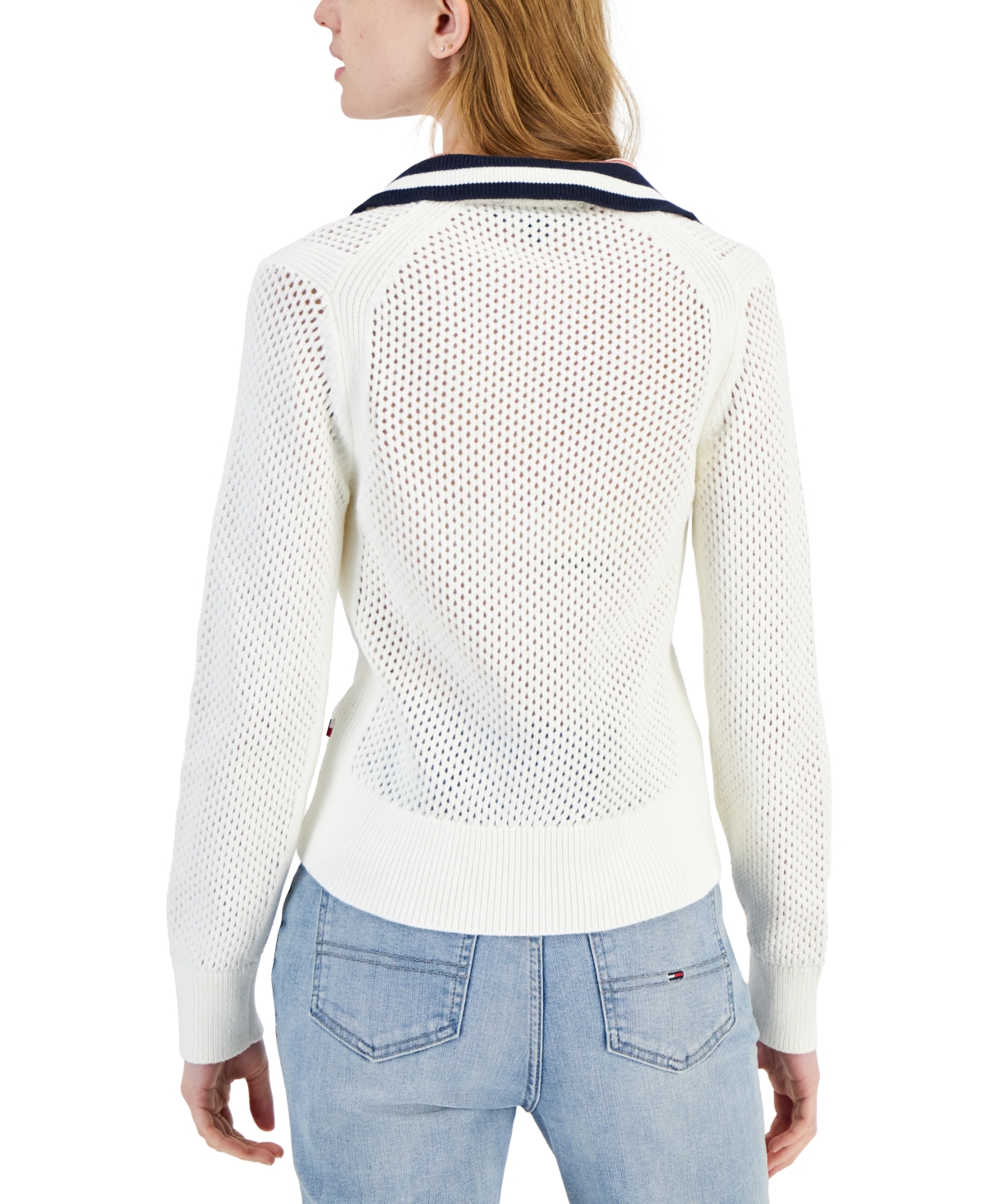 Shop Tommy Hilfiger Women's Cotton Collared V-neck Mesh Sweater In White