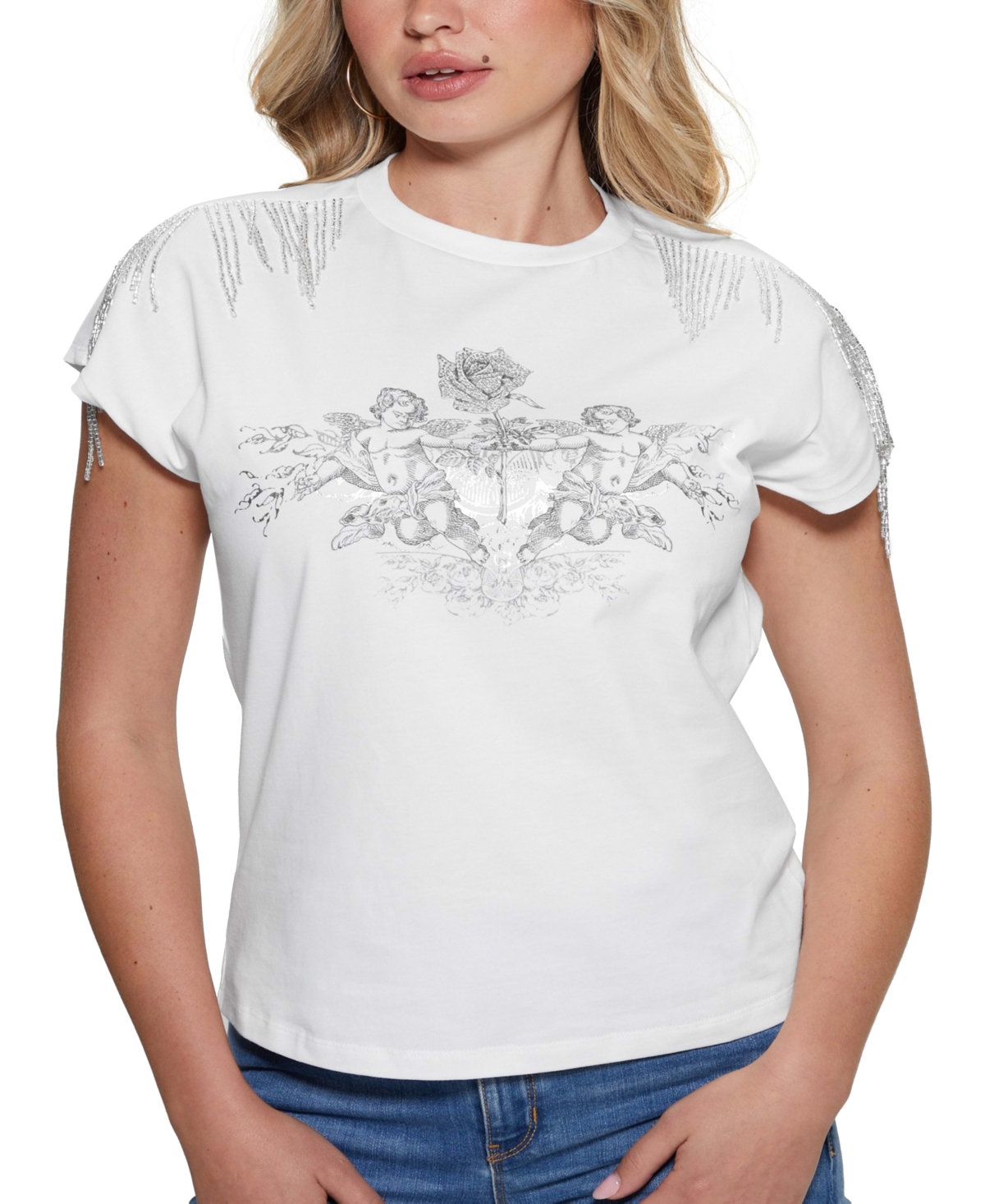 Shop Guess Women's Embellished Graphic Fringed Cotton T-shirt In Pure White