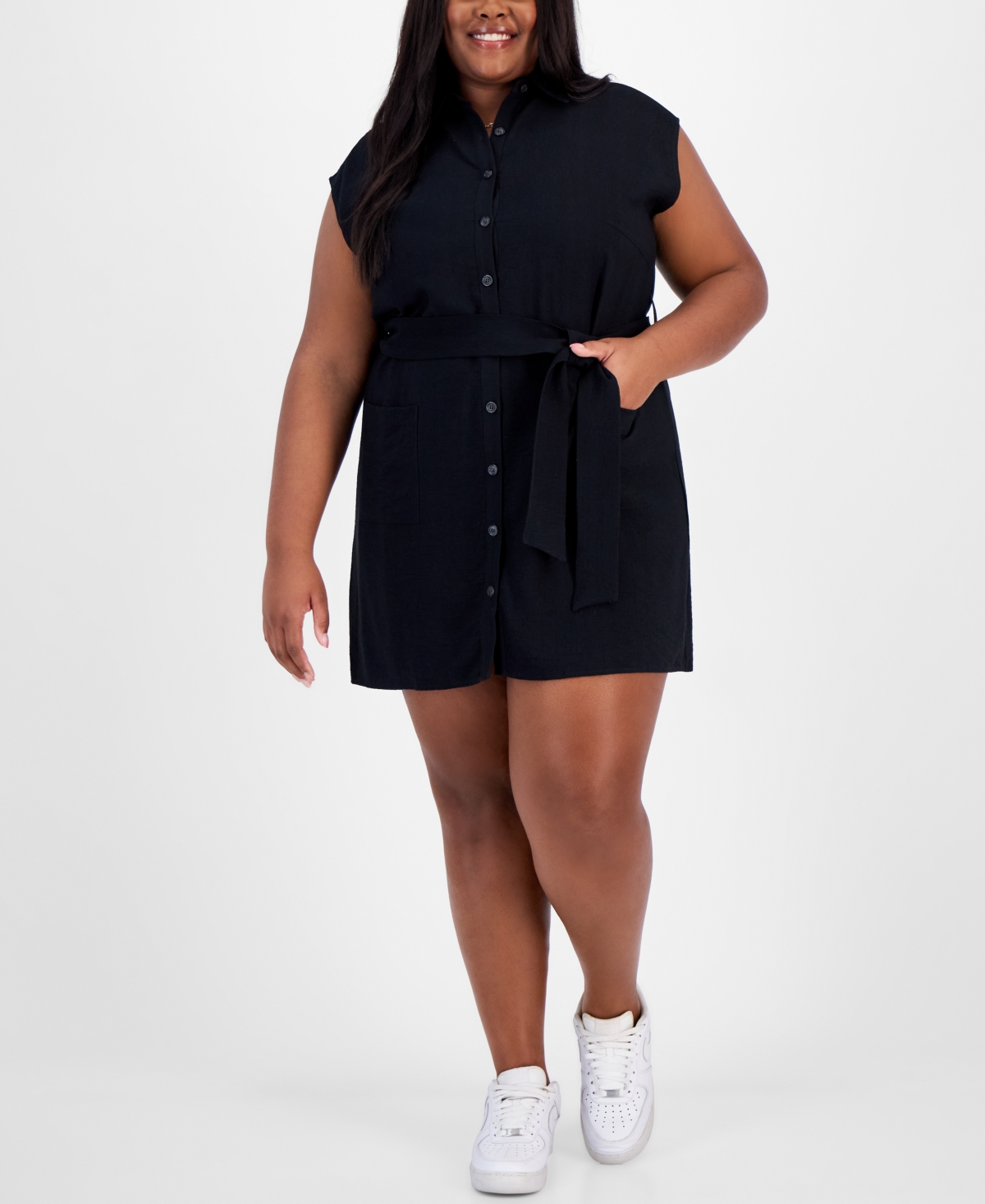 Shop And Now This Trendy Plus Size Belted Dolman-sleeve Shirtdress, Created For Macy's In Black