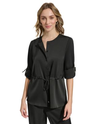 Calvin Klein - Women's Satin Drawstring-Waist Button Front Blouse