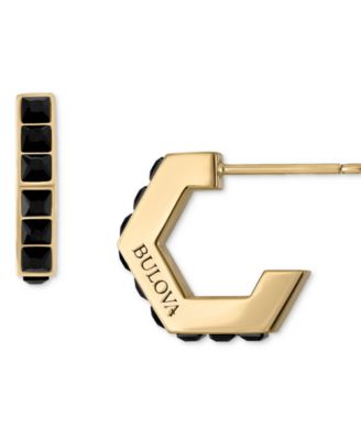 Bulova - Gold-Tone IP Stainless Steel Small Black Spinel Hoop Earrings, 0.55"