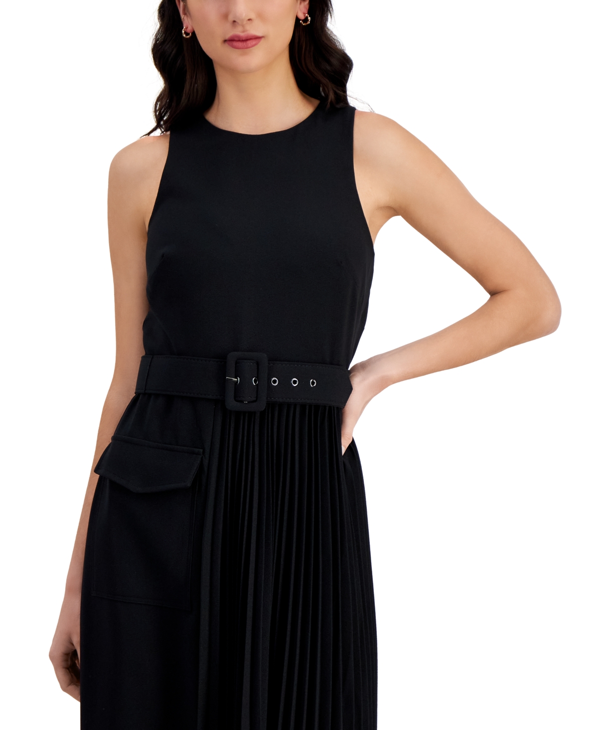 Shop Taylor Women's Belted Stretch Crepe Sunburst-pleat Dress In Black