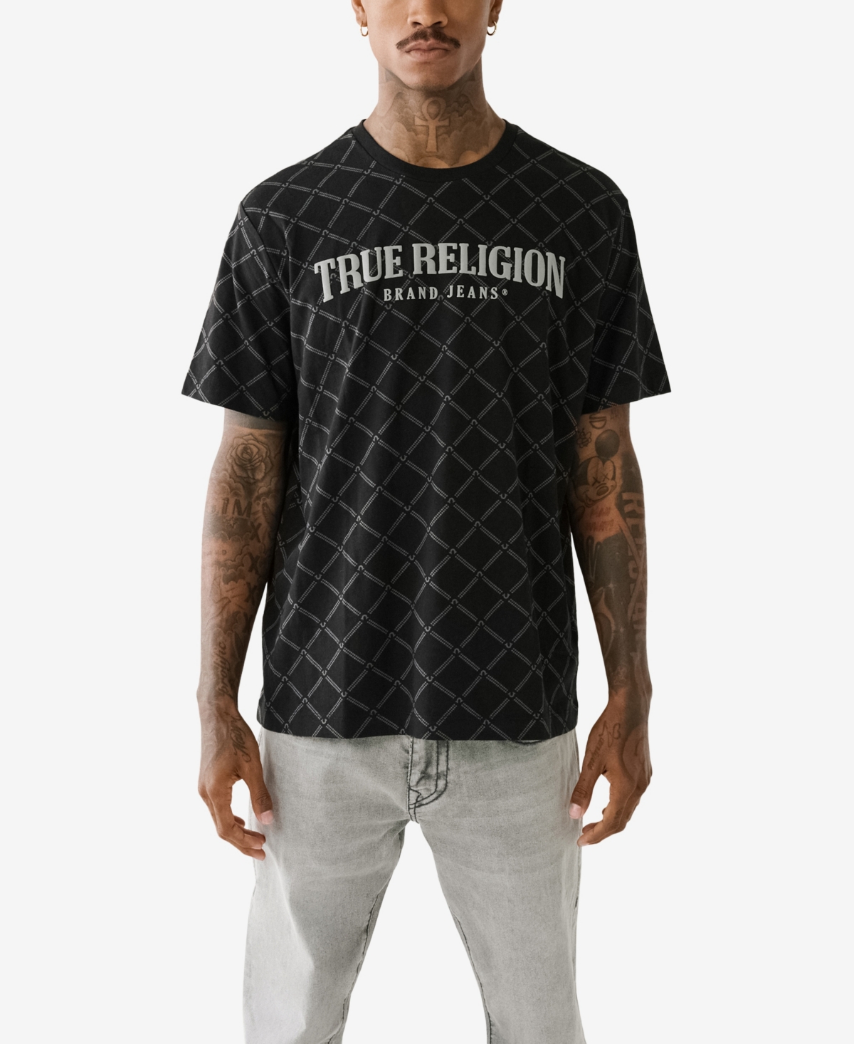 True Religion Men's Monogram Arch Short Sleeve Relaxed T-shirt In Jet Black