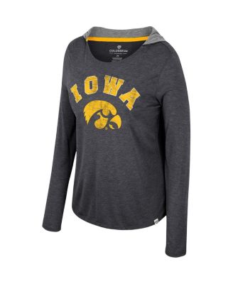 Women's Black Distressed Iowa Hawkeyes Heather Long Sleeve Hoodie T-shirt