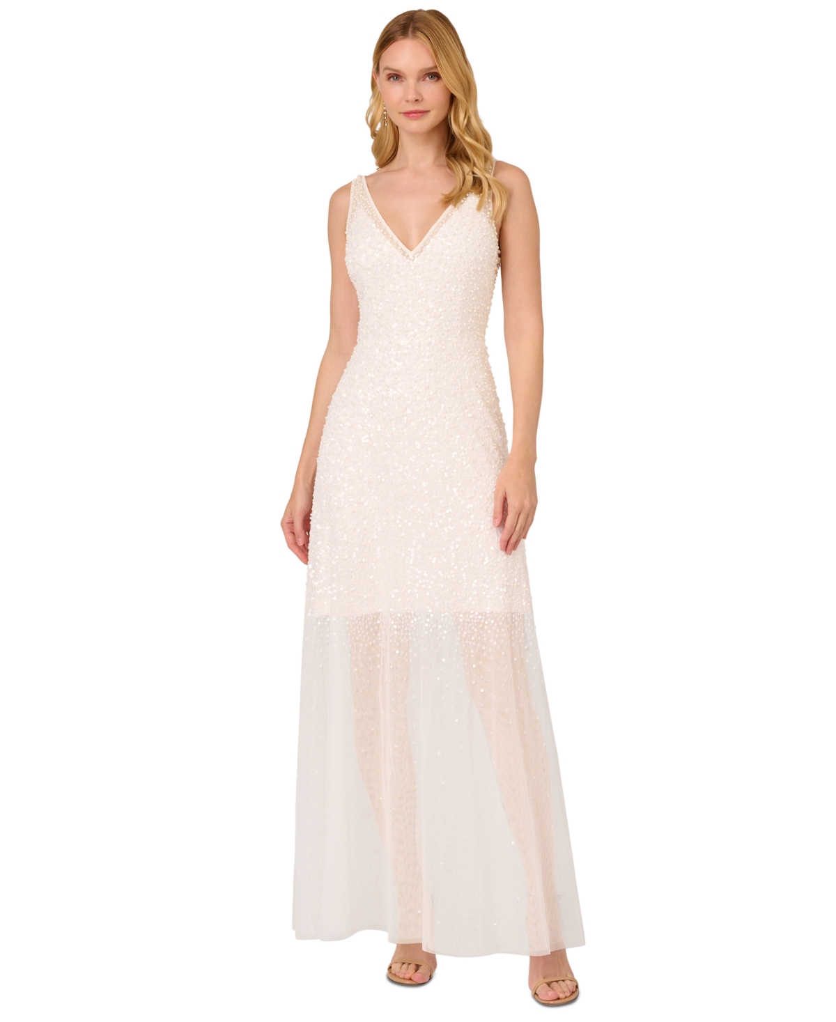 Adrianna Papell Women's Embellished Illusion V-neck Gown In Ivory