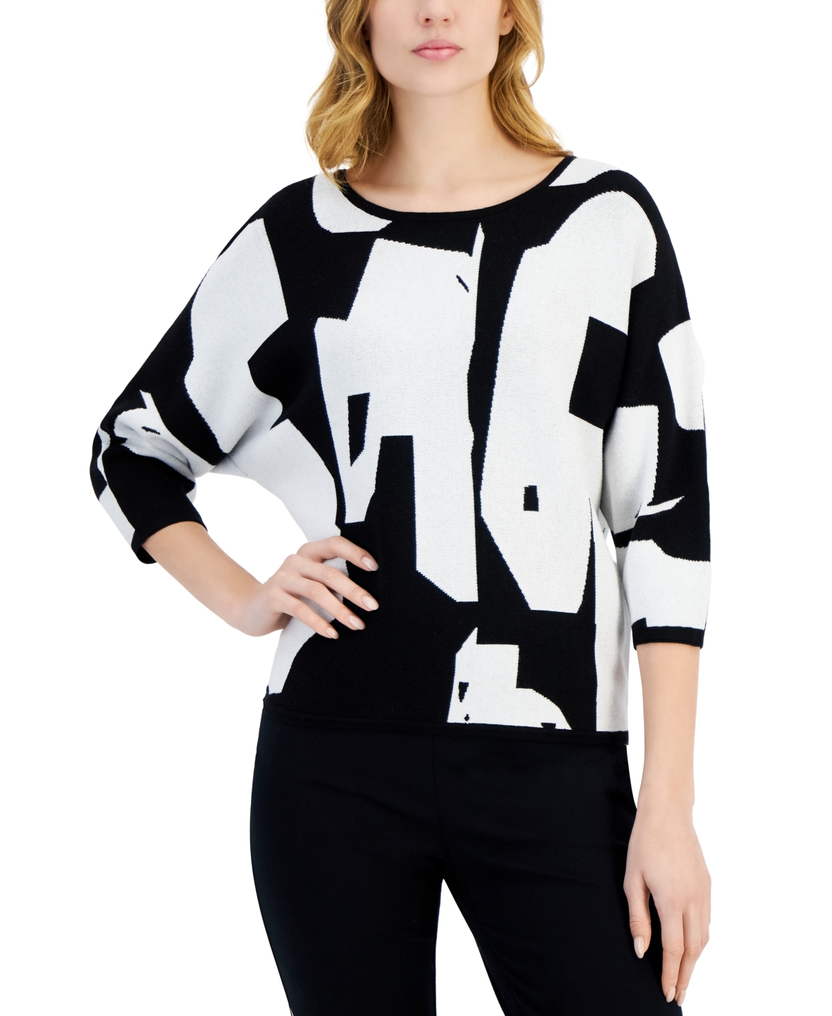 Shop T Tahari Women's Abstract Print 3/4-sleeve Crewneck Sweater In Black With White Star Contrast
