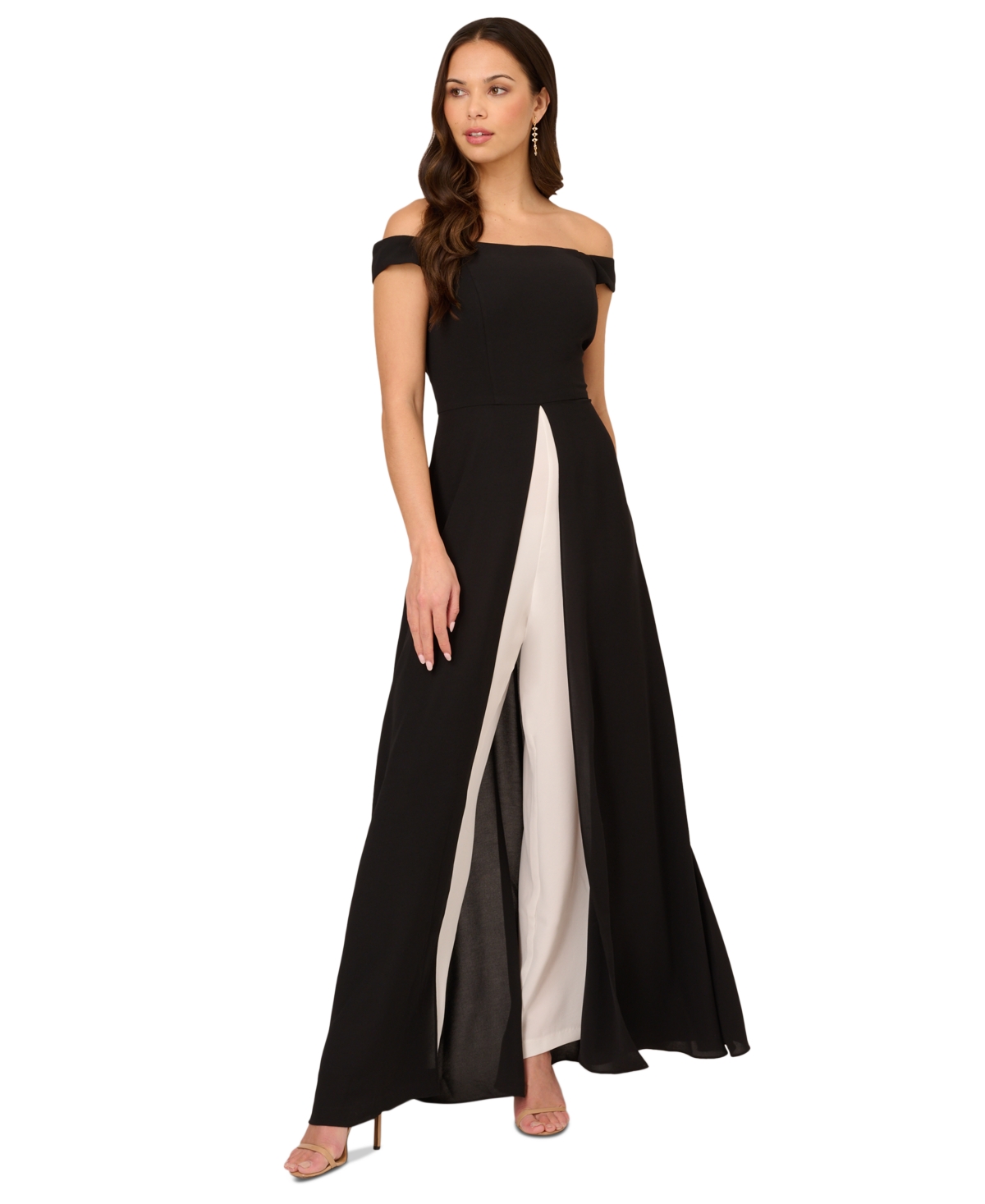 Shop Adrianna Papell Women's Off-the-shoulder Overlay Jumpsuit In Black,ivory