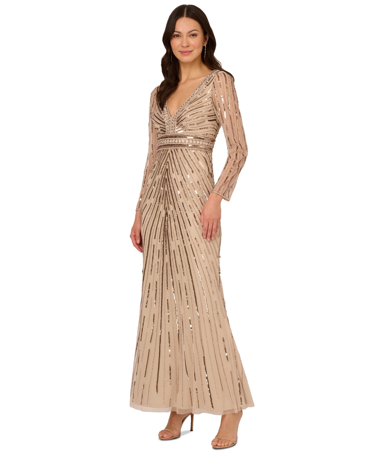 Adrianna Papell Women's Embellished V-neck Long-sleeve Gown In Biscotti