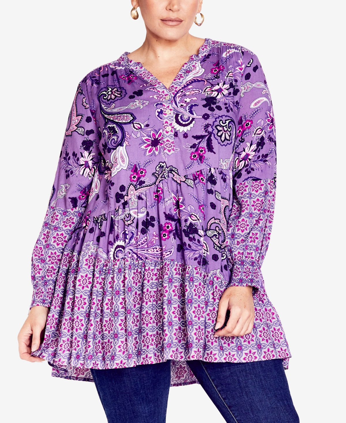 Avenue Plus Size Cynthia Splice Long Sleeve Tunic Top In Purple Paisley Swirl