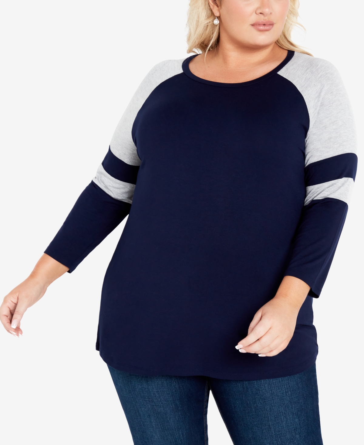 Avenue Plus Size Splice Sleeve Color Top In Navy,gray Marle