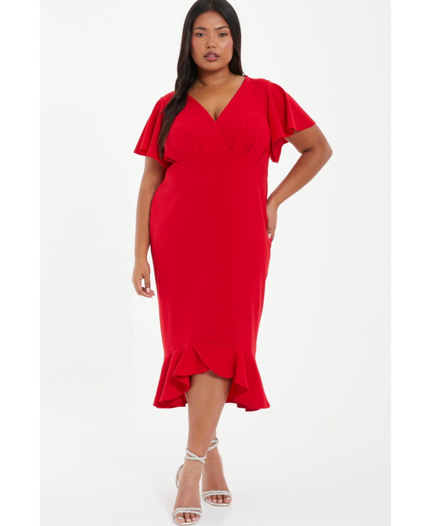 Женское платье QUIZ Plus Size Scuba Crepe V-Neck Frill Midi, цвет: Красный — фото 1