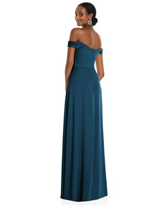 Womens Off-the-Shoulder Flounce Sleeve Empire Waist Gown with Front Slit