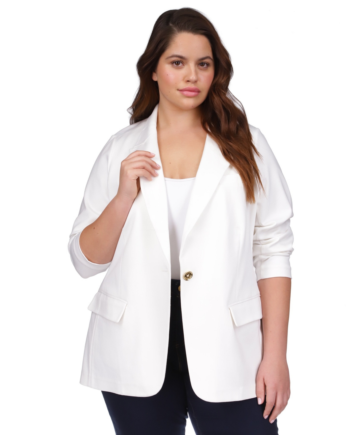 Shop Michael Kors Michael  Plus Size Knit One-button Blazer In White