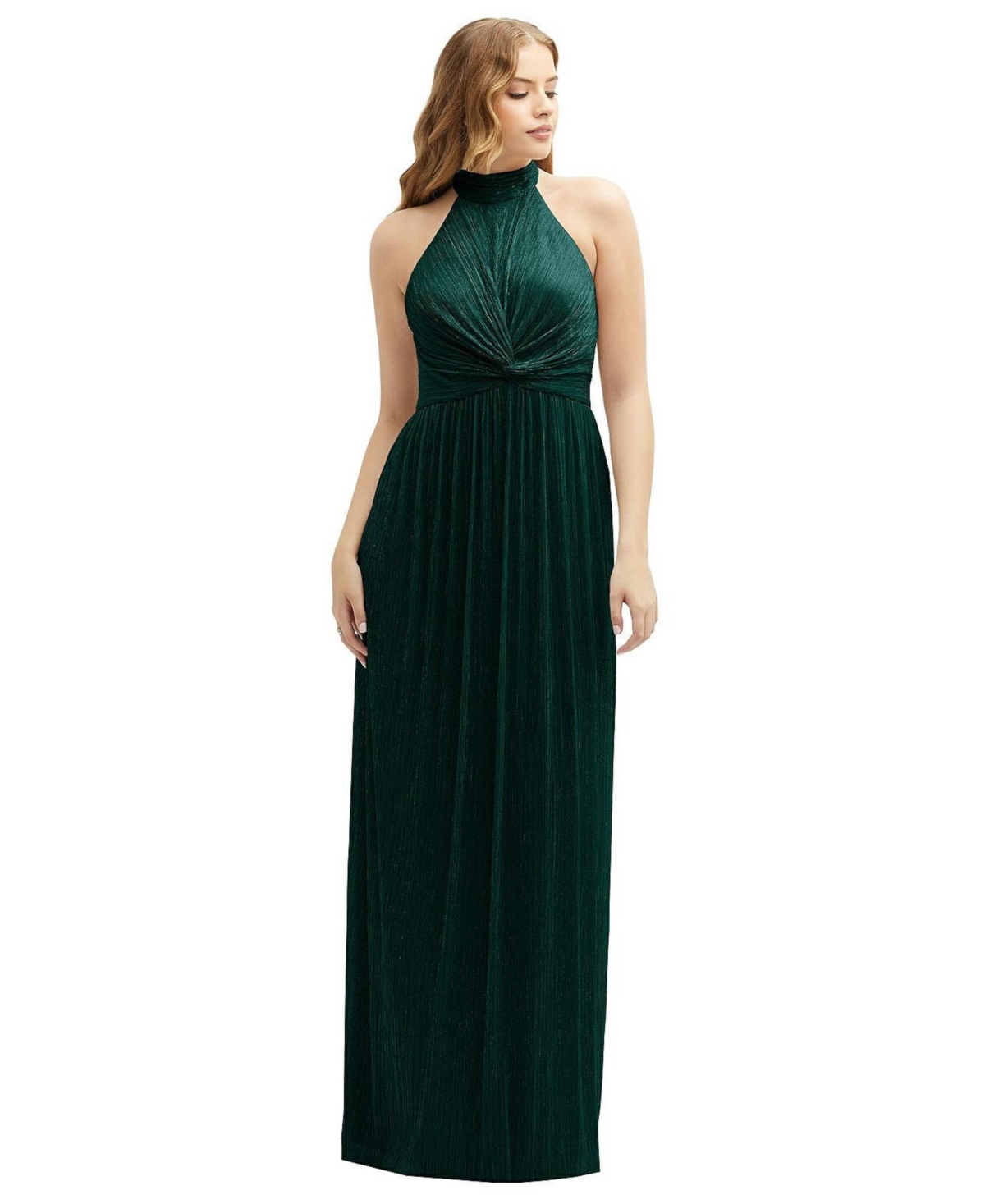 Shop After Six Plus Size Band Collar Halter Open-back Metallic Pleated Maxi Dress In Metallic Evergreen