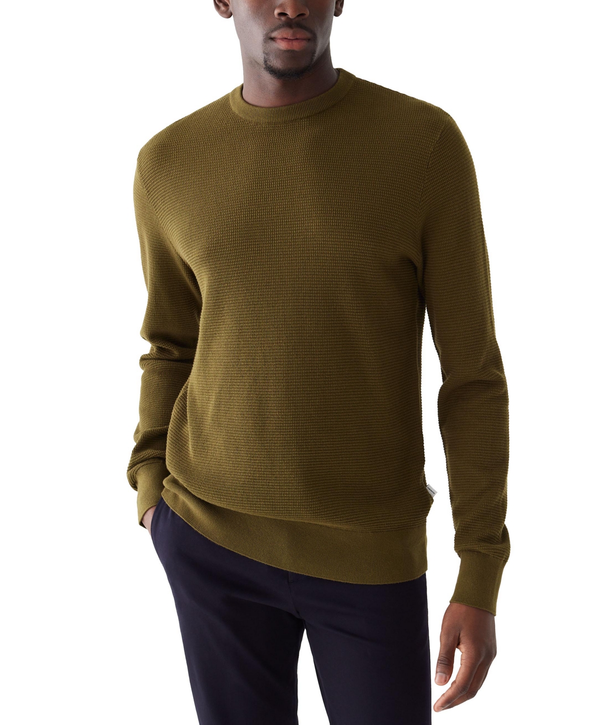 Men's Cotton Waffle Crewneck Sweater - Dark Olive