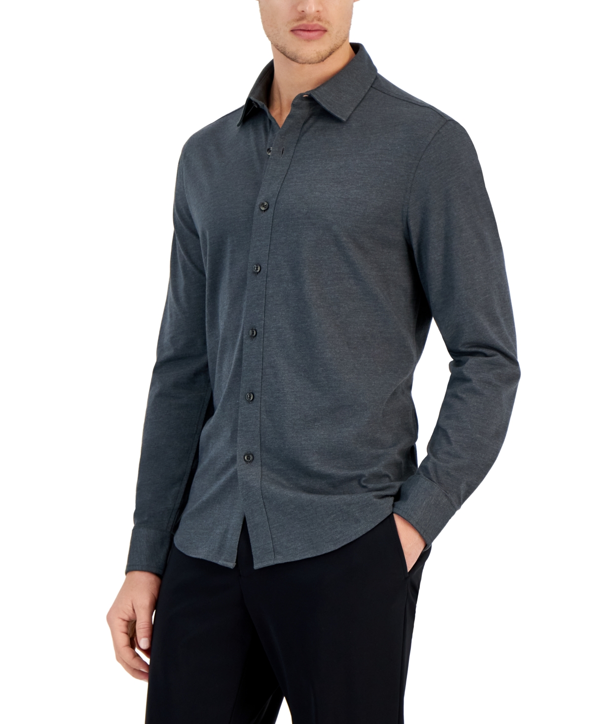 Shop Alfani Men's Classic-fit Heathered Jersey-knit Button-down Shirt, Created For Macy's In Dark Lead Heather