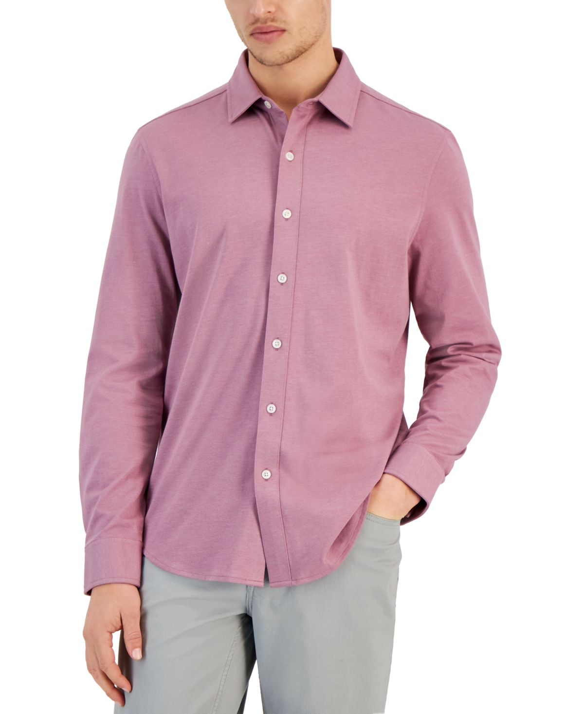 Shop Alfani Men's Classic-fit Heathered Jersey-knit Button-down Shirt, Created For Macy's In Smokey Rose Heather