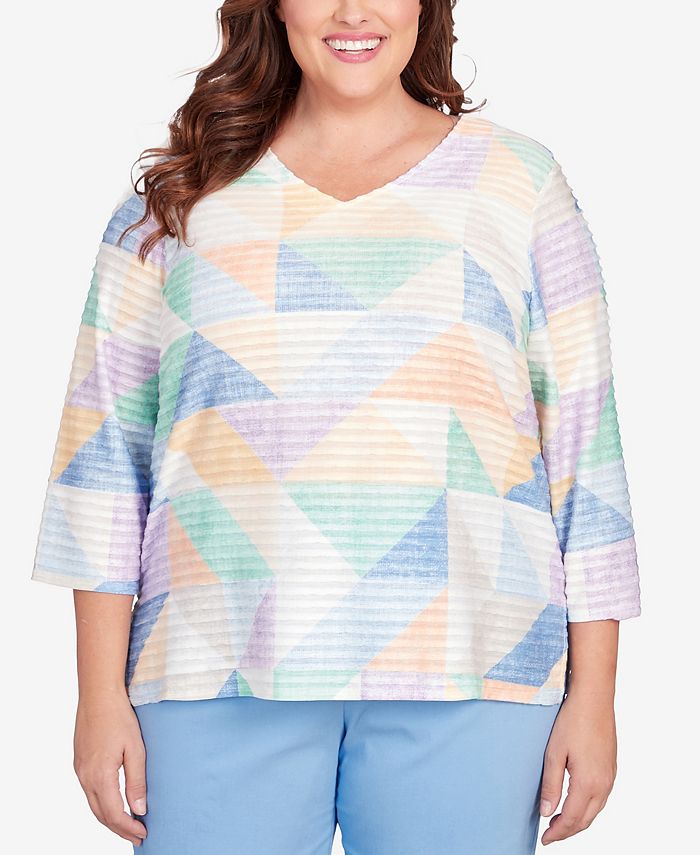 Alfred Dunner Plus Size Classic Pastels Textured Geo V-neck Top - Macy's