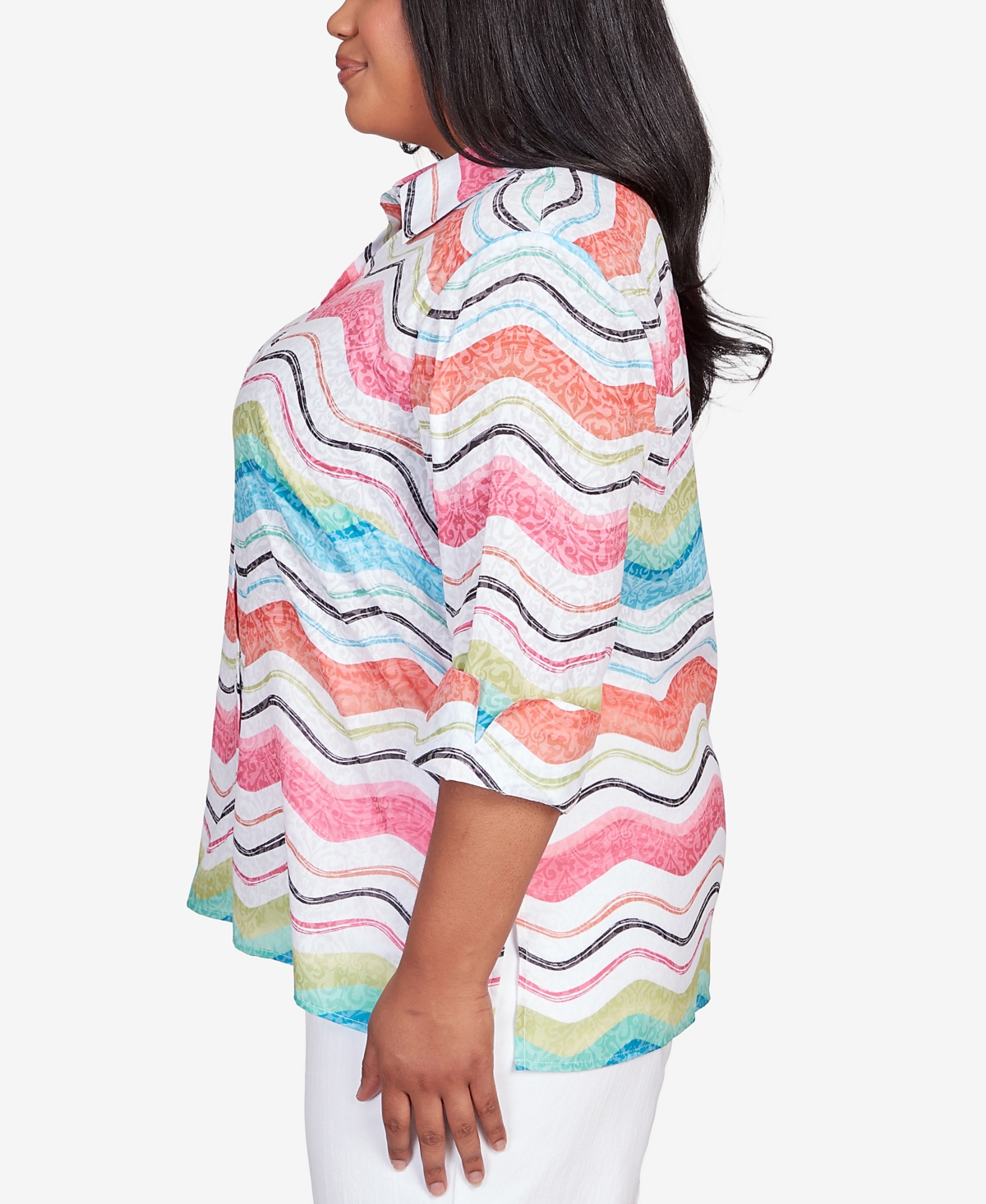 Alfred Dunner Plus Size Classic Brights Wavy Stripe Button Down Top