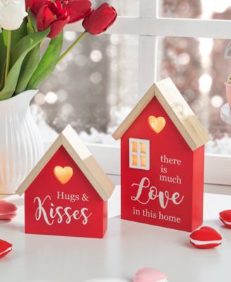 Lighted Valentine's Wooden House-Shaped Table Decor, Set of 2
