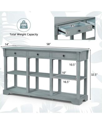58" Long Sofa Table with Storage Retro Console Table with 3 Drawers & Open Shelves