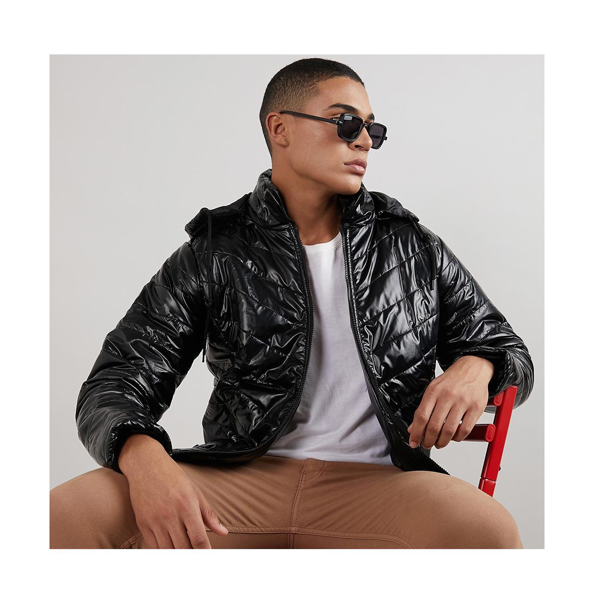 Campus Sutra Men'sZip-Front Quilted Puffer Jacket - Black