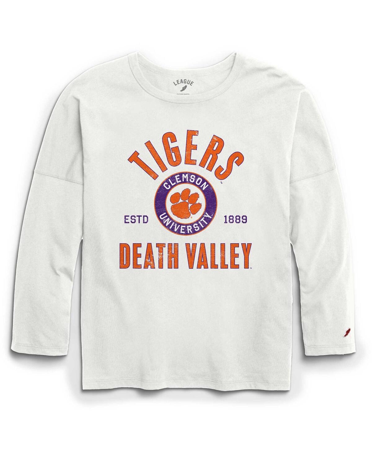 Women's League Collegiate Wear White Distressed Clemson Tigers Clothesline Oversized Long Sleeve T-shirt - White