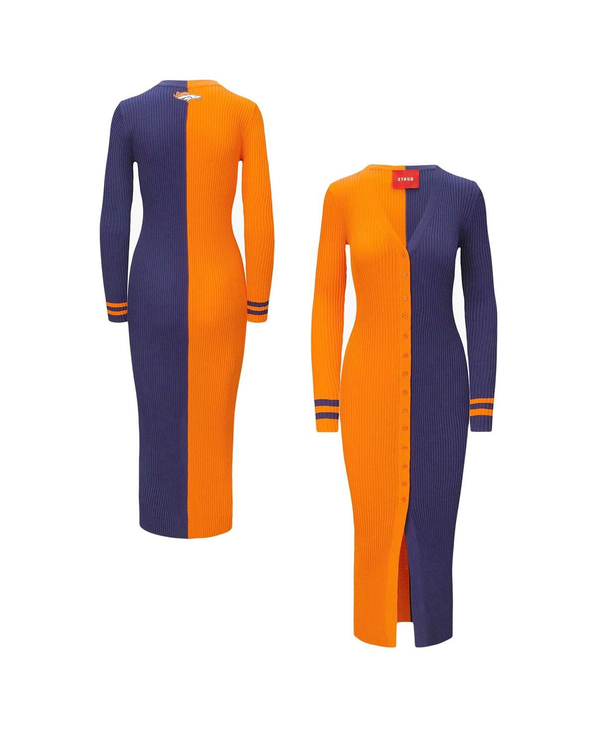 Women's Staud Orange, Navy Denver Broncos Shoko Knit Button-Up Sweater Dress - Orange, Navy