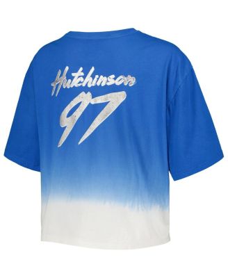 Women's Threads Aidan Hutchinson Blue, White Distressed Detroit Lions Dip-Dye Player Name and Number Crop Top