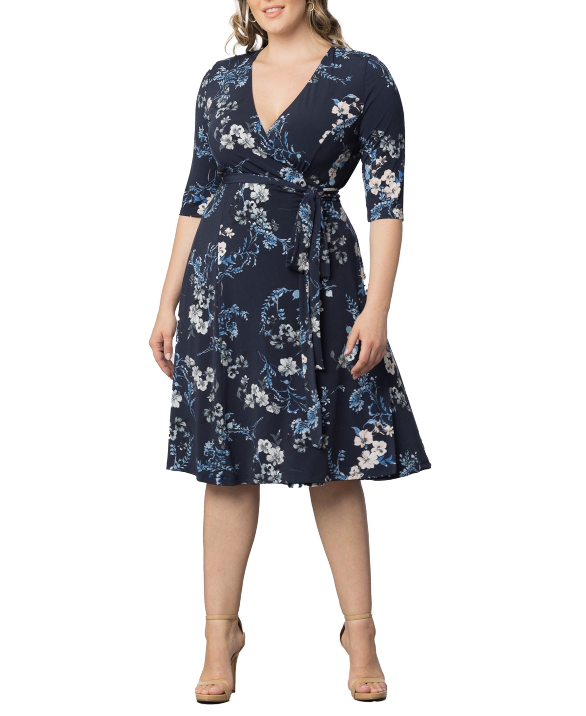 KIYONNA WOMEN'S PLUS SIZE SIGNATURE WRAP DRESS WITH 3/4 SLEEVES