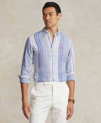폴로 랄프로렌 Polo Ralph Lauren Mens Classic-Fit Striped Linen Shirt,Blue Multi
