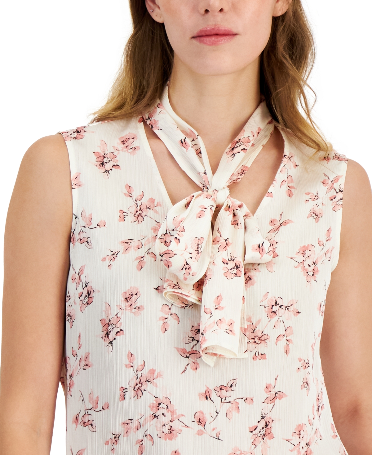 Shop Anne Klein Women's Floral-print Sleeveless Tie-neck Blouse In Anne White,cherry Blossom