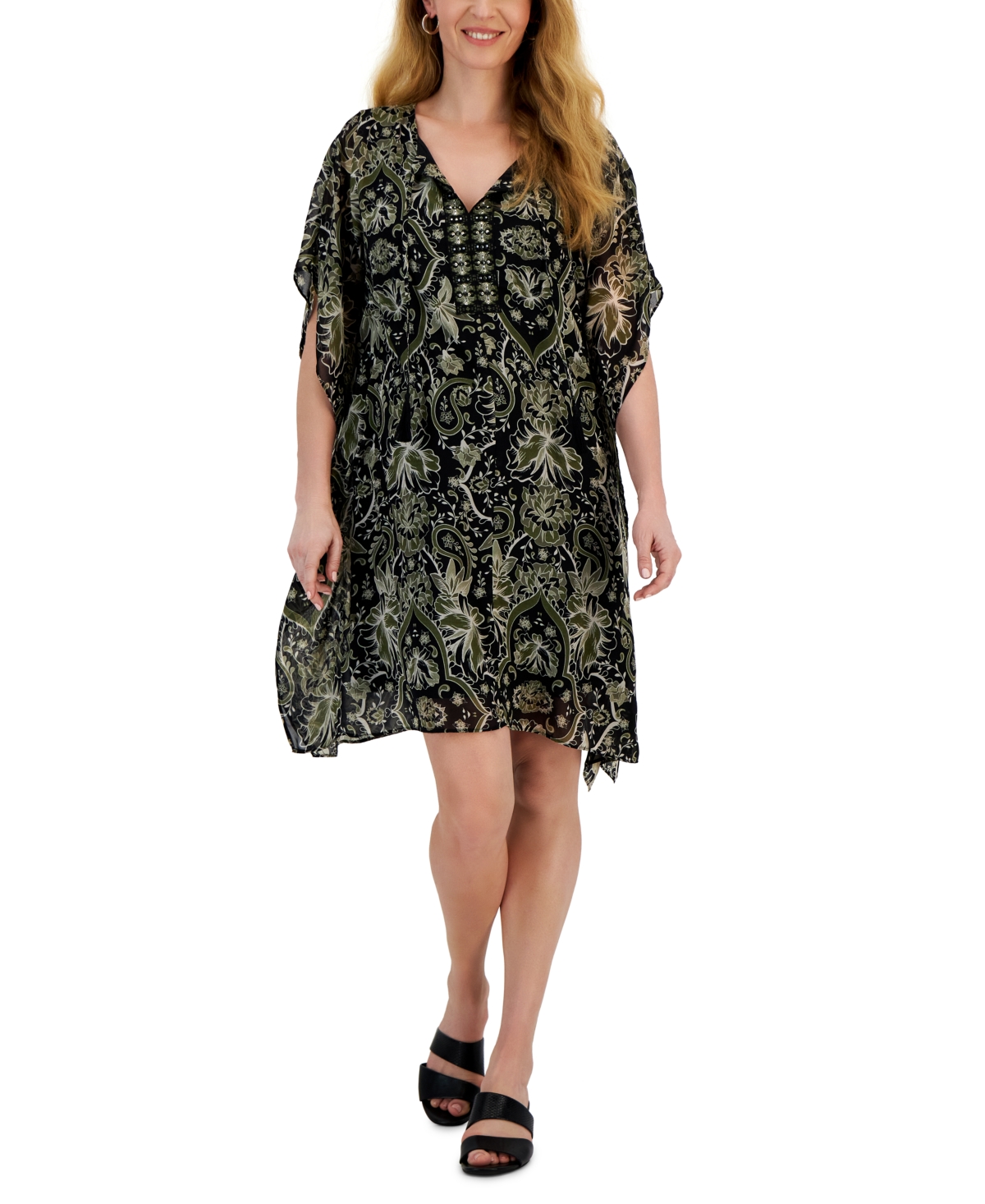 Shop Jm Collection Women's Short Sleeve Printed Embellished Caftan Dress, Created For Macy's In Deep Black Combo