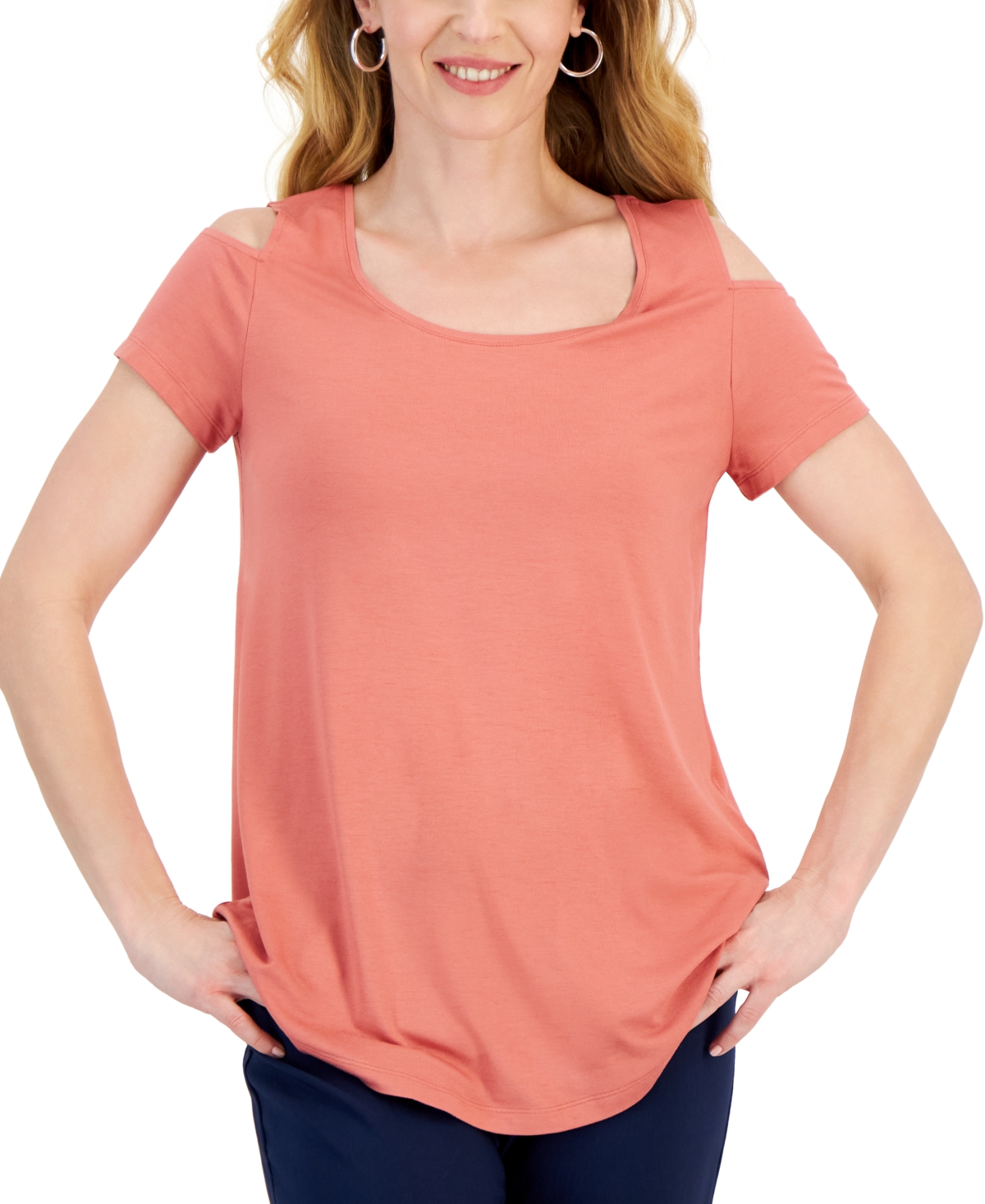 Jm Collection Women's Short Sleeve Scoop-neck Cold-shoulder Top, Created For Macy's In Peach Bliss