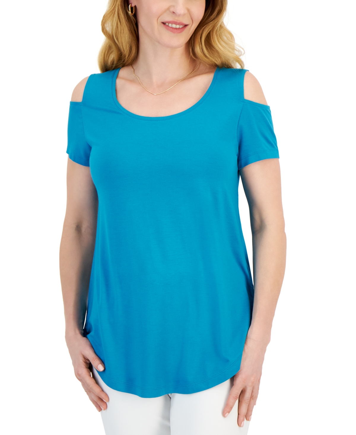 Jm Collection Women's Short Sleeve Scoop-neck Cold-shoulder Top, Created For Macy's In Seafrost