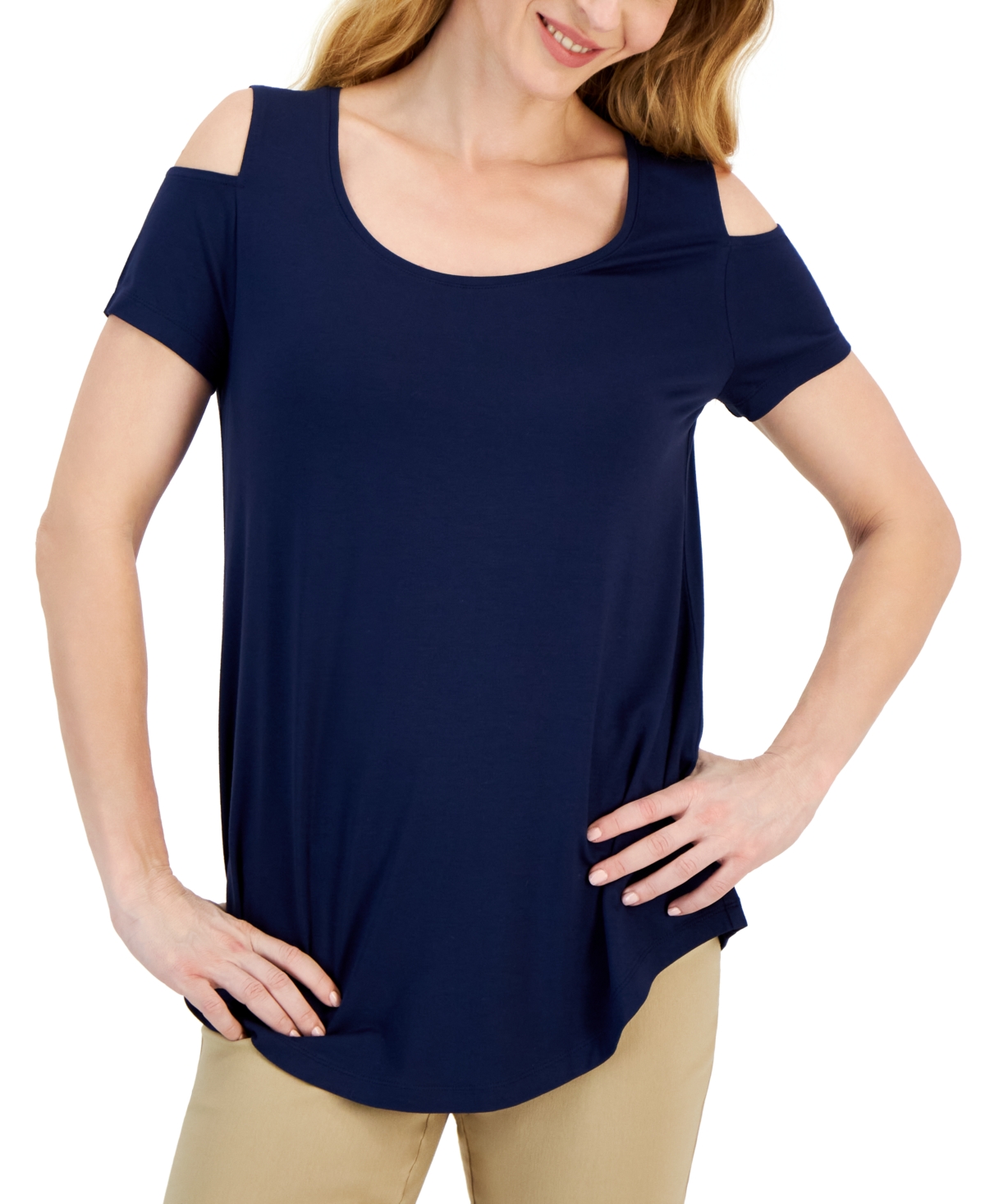 Jm Collection Women's Short Sleeve Scoop-neck Cold-shoulder Top, Created For Macy's In Intrepid Blue