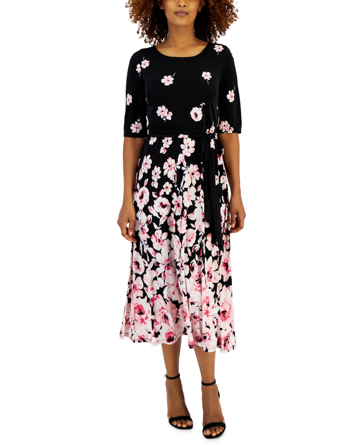 Shop Kasper Women's Elbow-sleeve Floral-border Midi Dress In Black,tutu Pink Multi