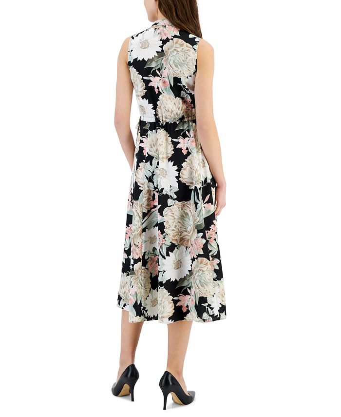 Anne Klein Women's Split-Neck Floral-Print Midi Dress - Macy's