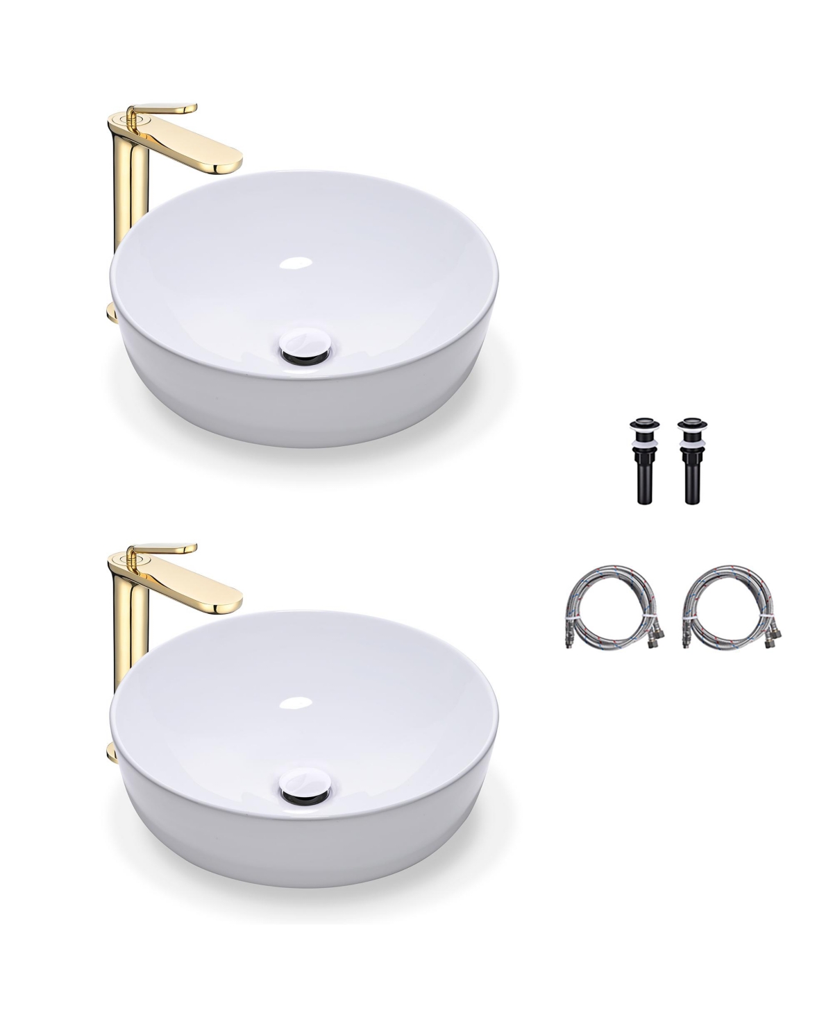 Round Ceramic Vessel Sink with Single Handle Faucet Drain Set of 2 - Natural