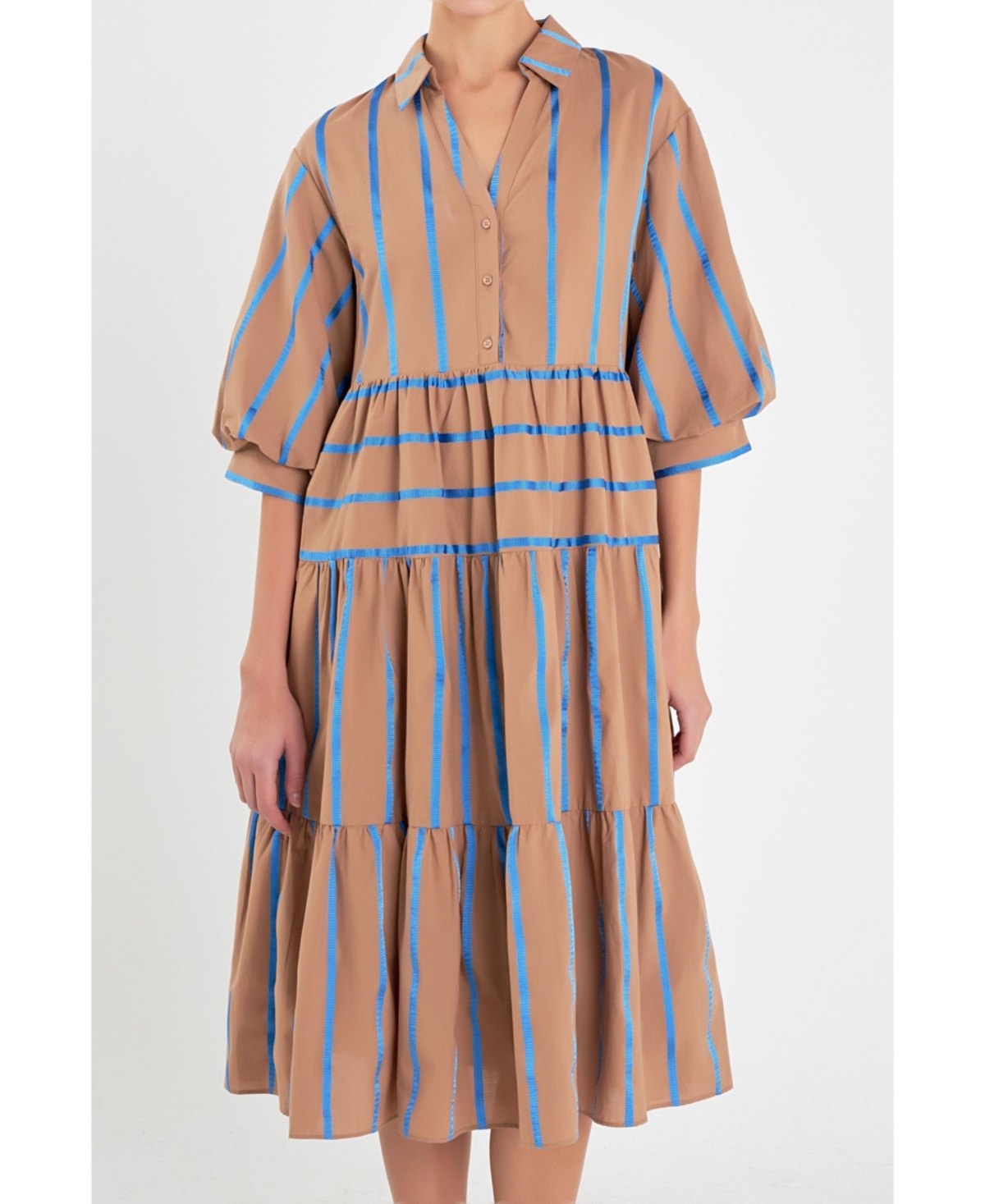 Women's Striped Collared Midi Dress - Brown multi