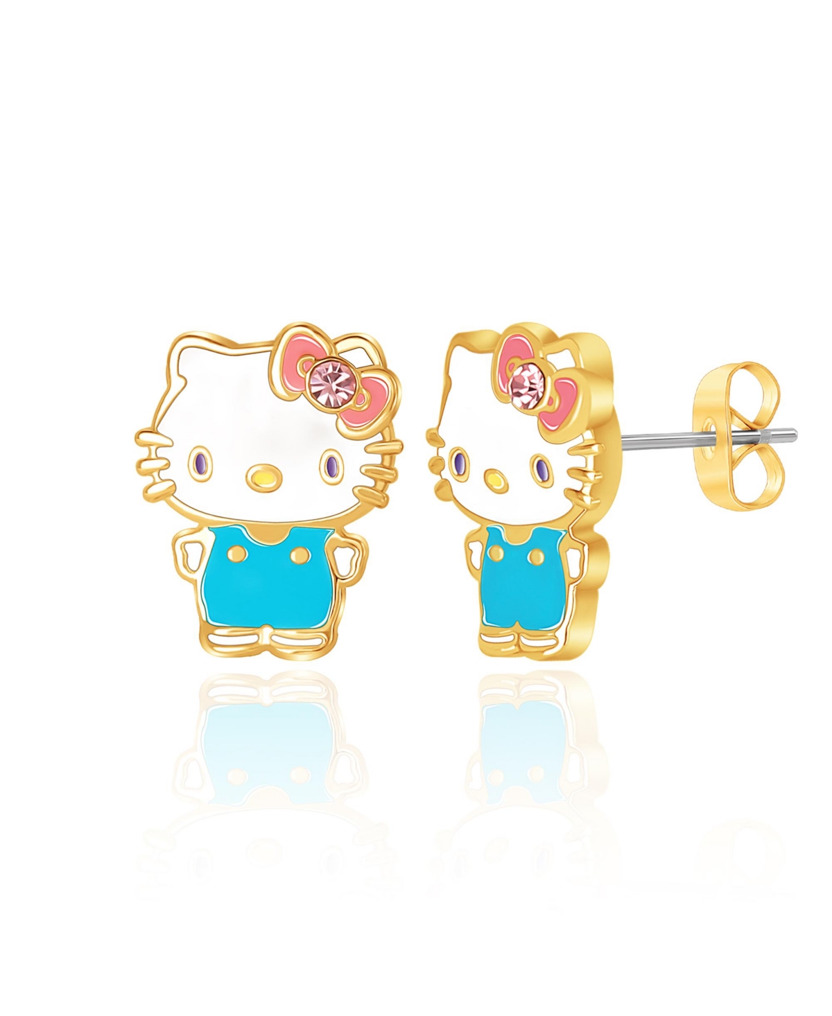 Sanrio Hello Kitty Brass Flash Plated Enamel and Pink Crystals Stud Earrings - White, blue