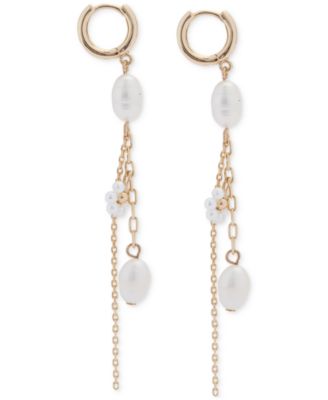 Lucky Brand - Gold-Tone Pearl & Chain Charm Hoop Earrings