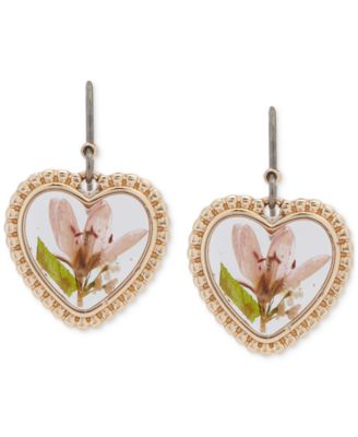 Lucky Brand - Gold-Tone Pressed Flower Heart Drop Earrings