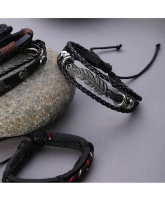 Women's Black  Boho Leather Stack Bracelet