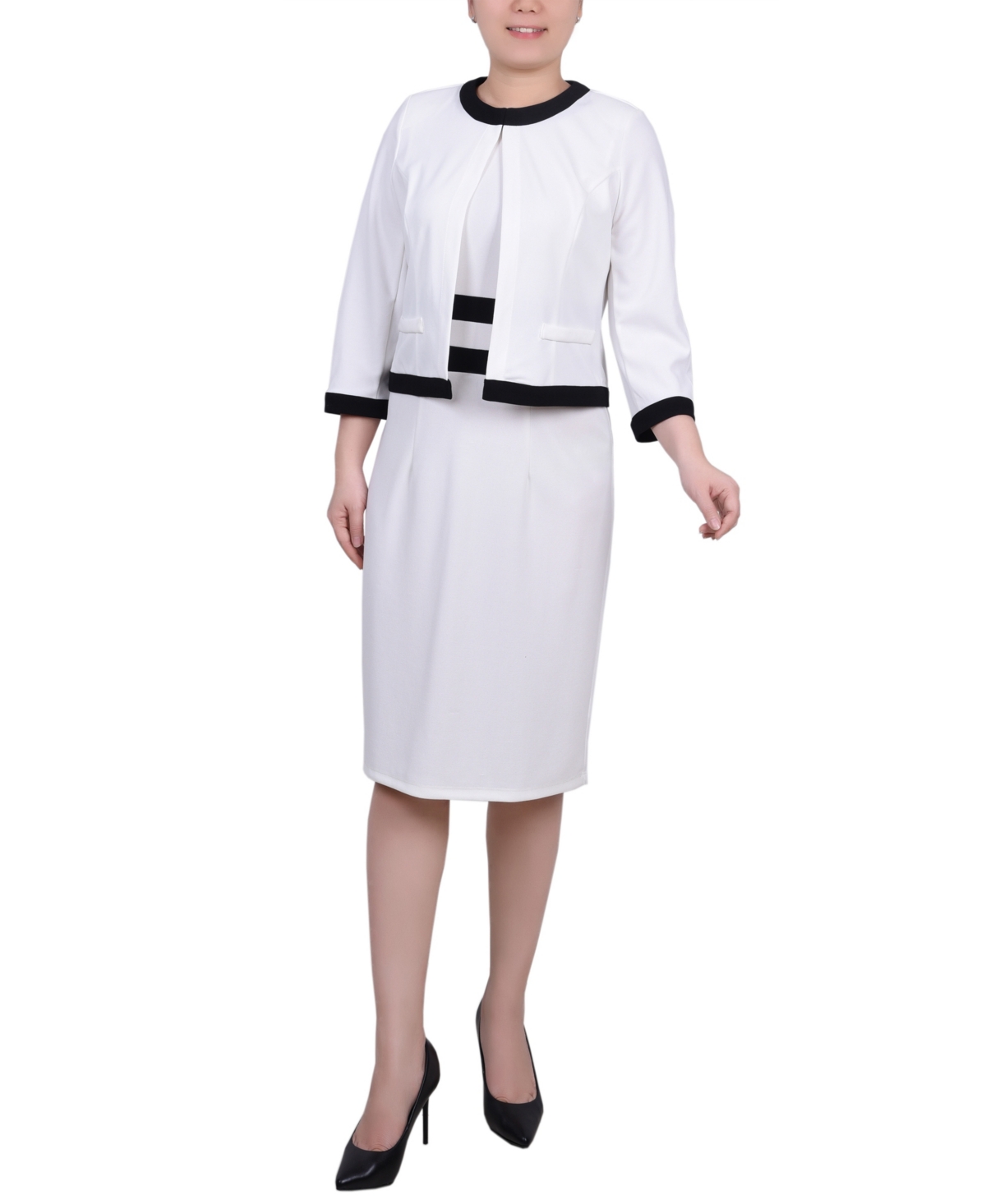 Ny Collection Plus Size Elbow Sleeve Colorblocked Dress, 2 Piece Set In White,black