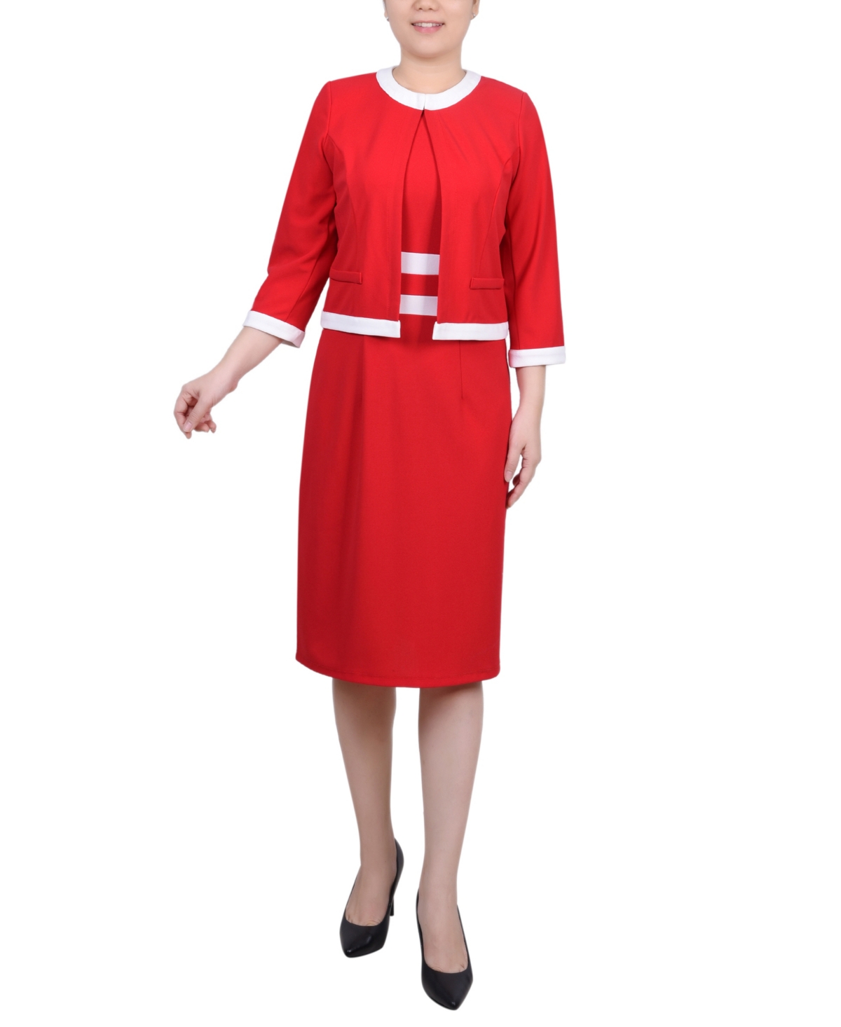 Ny Collection Women's Elbow Sleeve Colorblocked Dress, 2 Piece Set In Fire Red,white